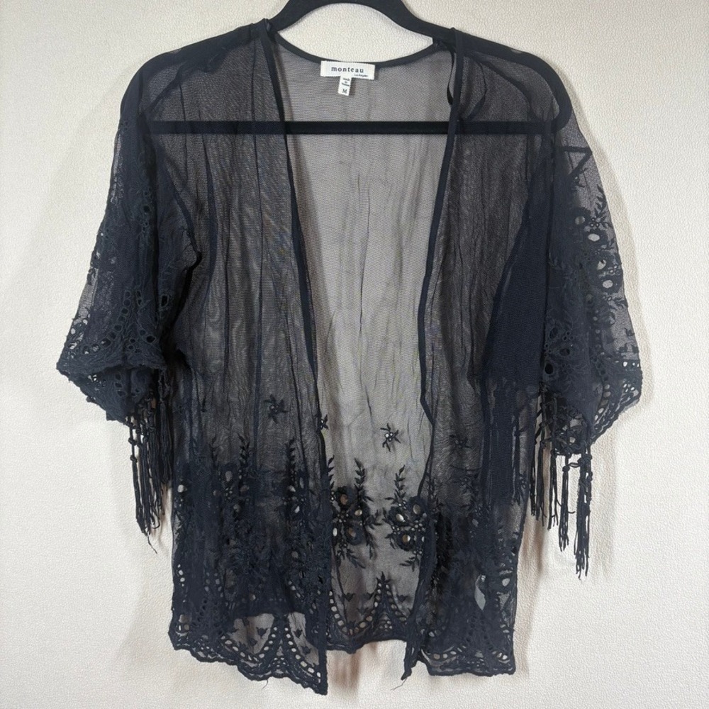 Monteau Womens Fairy Grunge Kimono With Fringe Med Black Open Front Sheer Floral